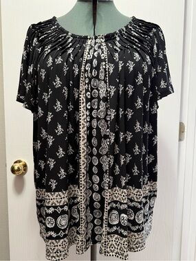 Style & Co Women's Plus Size Short Sleeve Peasant Top Black & White Size 3X